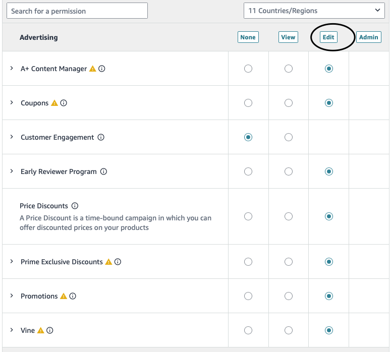 Advertising permissions table with Edit column highlighted