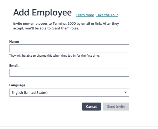 Add Employee form with name, email, language fields