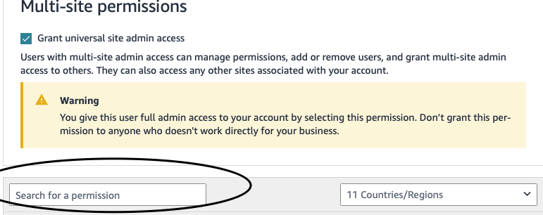 Multi-site permissions page with search bar