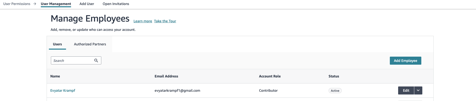 User Management table with Edit button